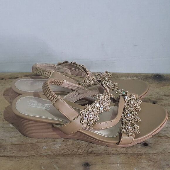 Shibever tan boho sandal wedge comfort slingback beach vacation - Picture 3 of 7